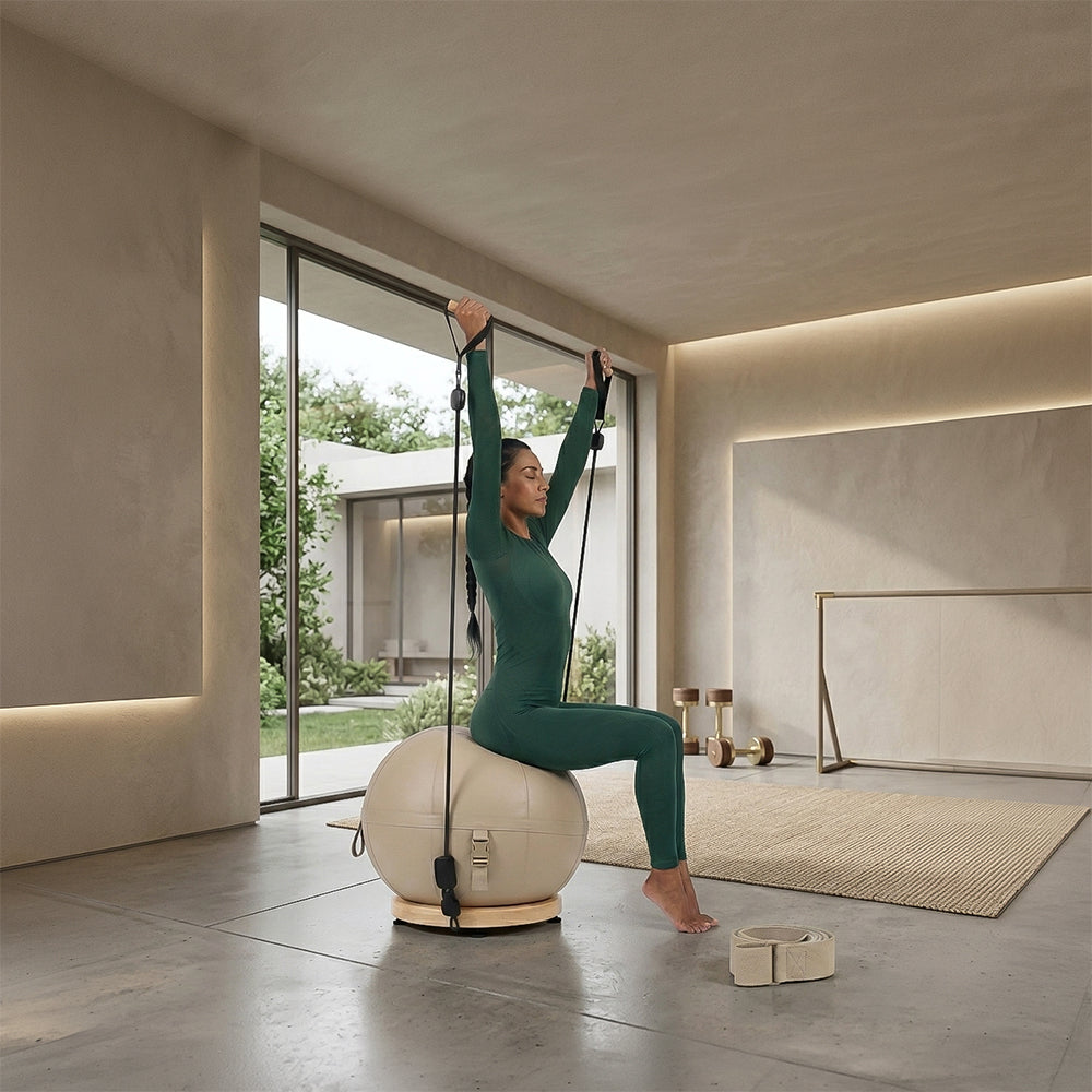 Leather beech wood base yoga ball from BEACON ZDDG, with a sturdy leather and wood finish for gym and fitness use.