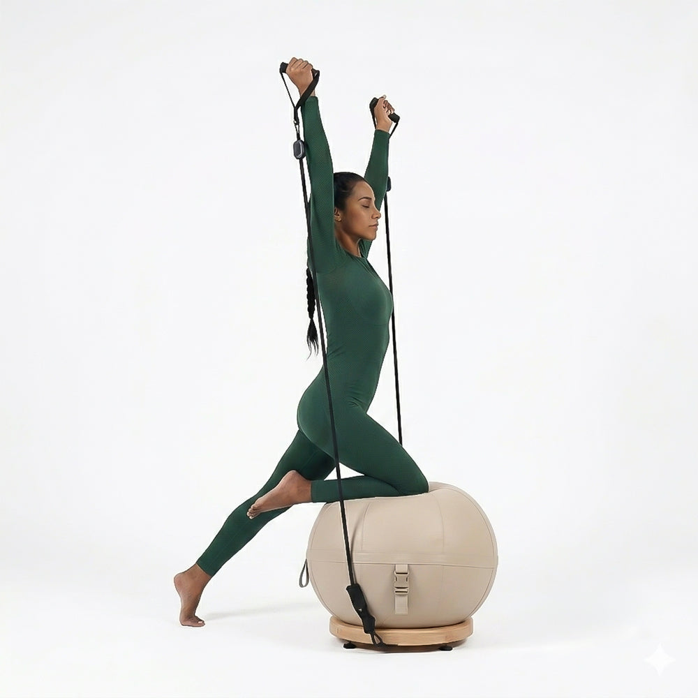 Leather yoga ball with beech wood base by BEACON, designed for fitness and stability in gym workouts.