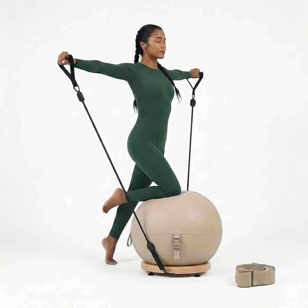Leather beech wood base yoga ball by BEACON, designed for gym workouts, with a sleek leather cover and sturdy wooden base.