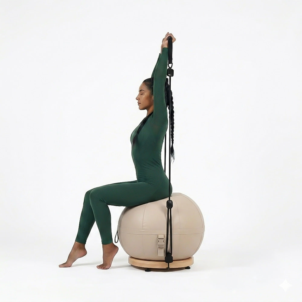 Leather and beech wood base yoga ball by BEACON, gym equipment designed for stability and balance exercises.