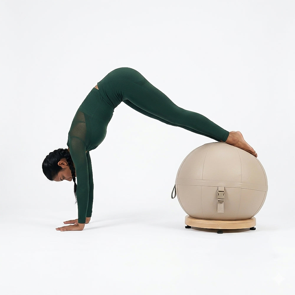 Leather Beech wood base yoga ball from BEACON ZDDG, featuring a sleek leather cover and sturdy wooden base for comfortable workouts.