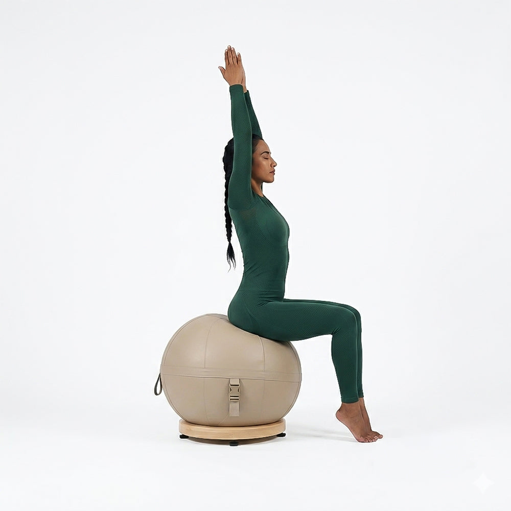 BEACON Kinetix leather yoga ball with beech wood base for gym workouts, featuring a durable leather surface and sturdy wooden stand.