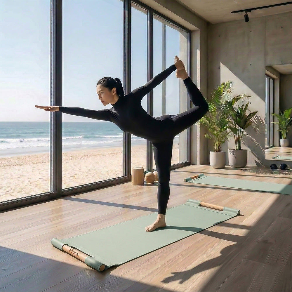 Nara leather yoga mat with beech wood handle, durable gym equipment for yoga practice, branded by BEACON ZDDG.