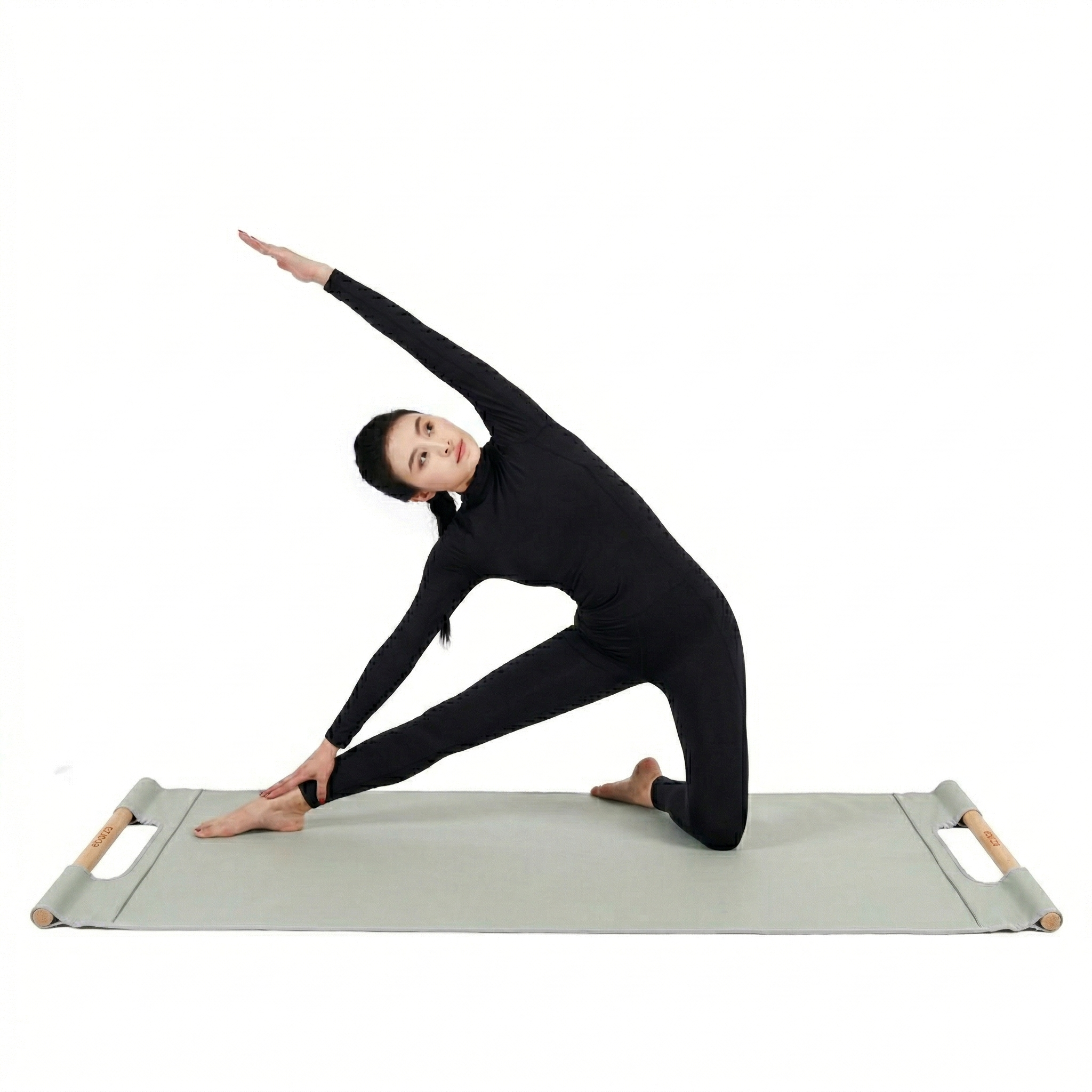 Nara leather yoga mat with beech wood handle, gym equipment from BEACON, designed for comfortable yoga practice.