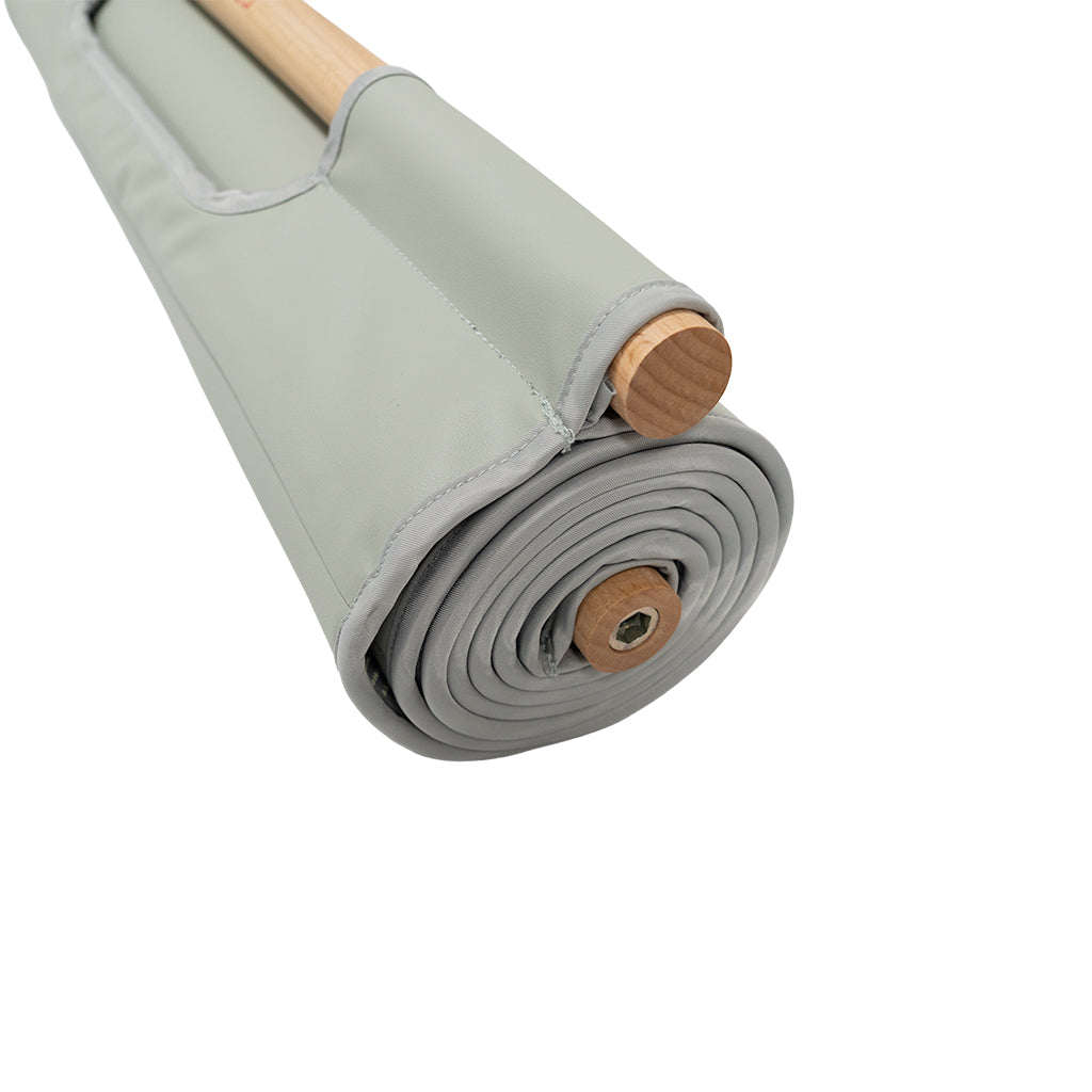 Leather yoga mat with beech wood handle from BEACON, ideal for yoga and fitness exercises.