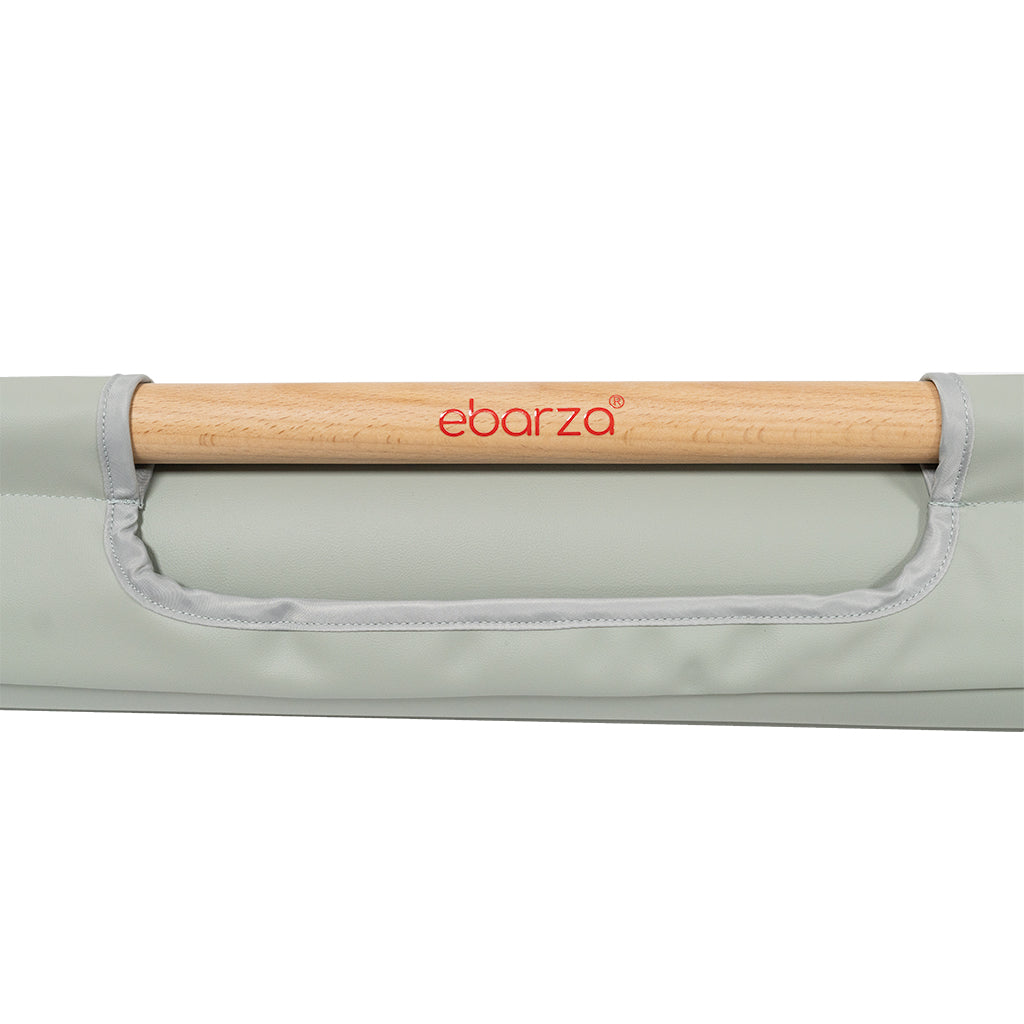 Leather yoga mat with beech wood handle from BEACON, designed for comfortable yoga practice and easy carrying.