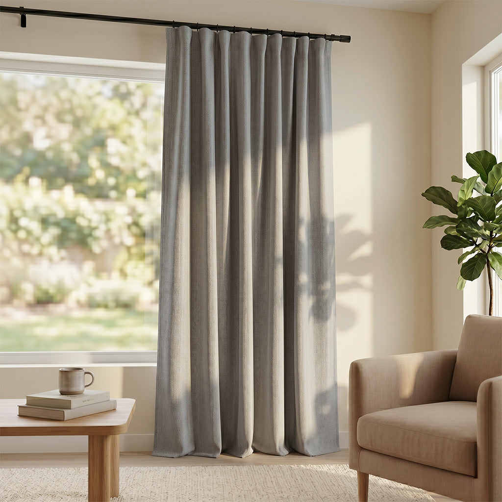 Lichen polyester curtain fabric from BEACON, shown in a close-up highlighting the textured, lichen-inspired pattern and fabric weave.