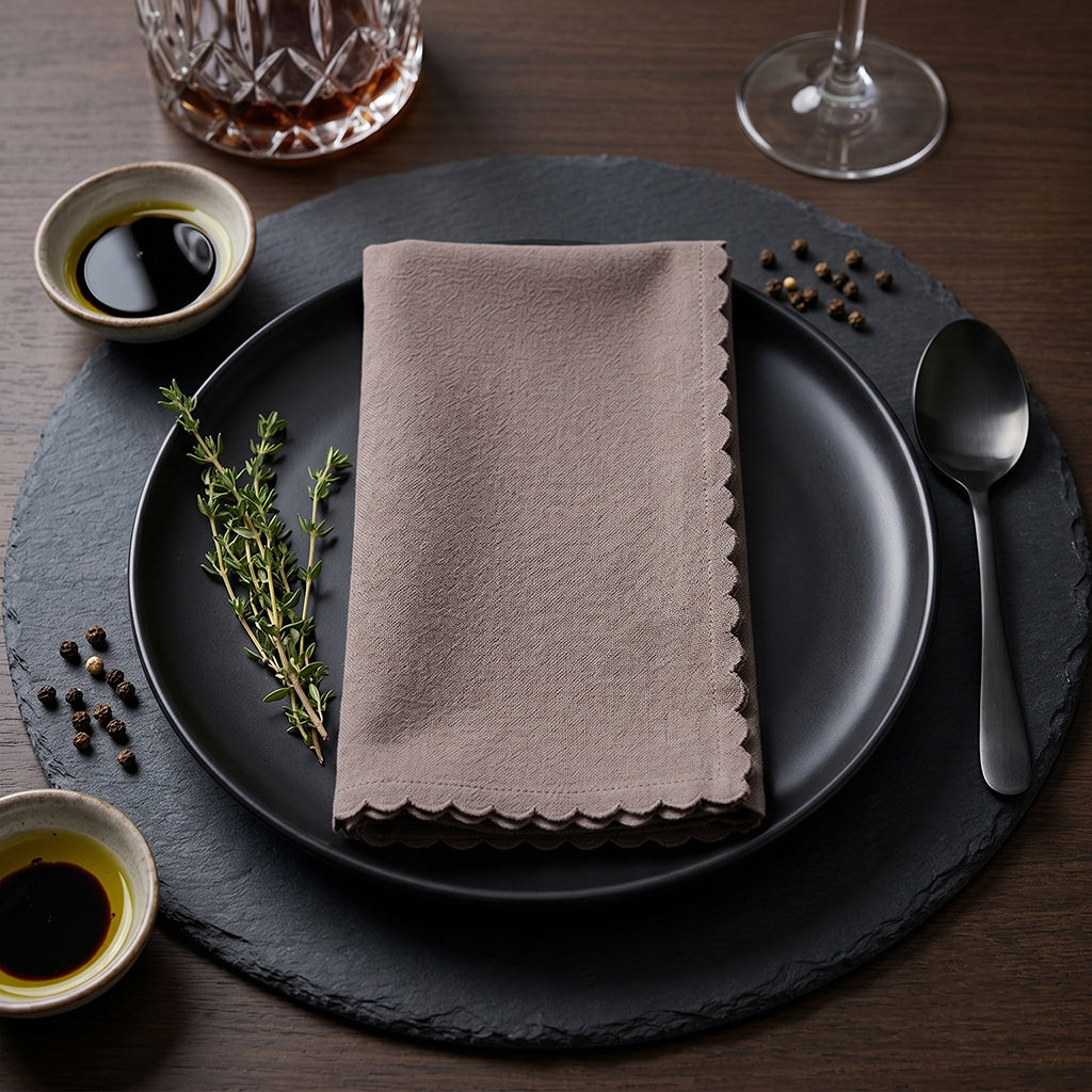 Beige linen with cotton fabric napkin by BEACON, featuring soft, textured material and elegant stitching for table setting.