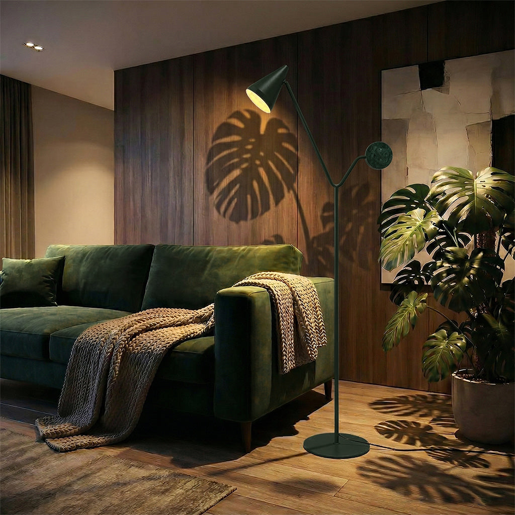 BEACON Magma floor lamp with a modern design featuring a textured, volcanic-inspired base and a tall, sleek lampshade.