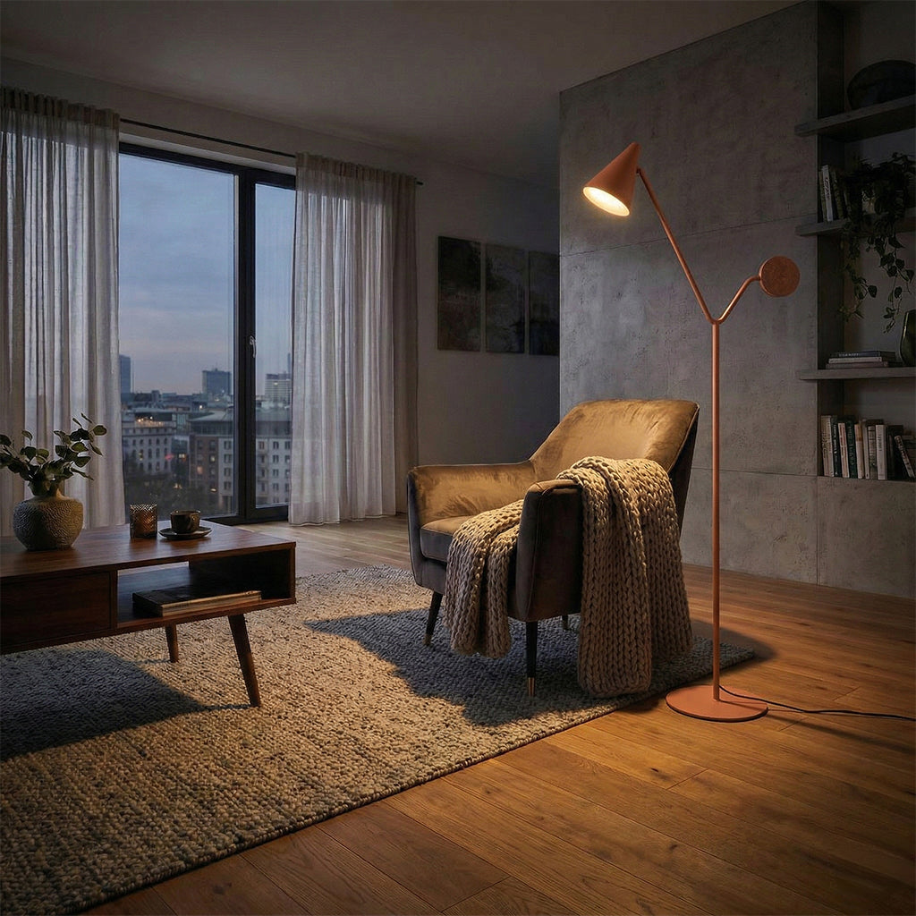 BEACON Magma floor lamp with sleek metal stand and modern design, featuring a glowing, magma-inspired orange light element.