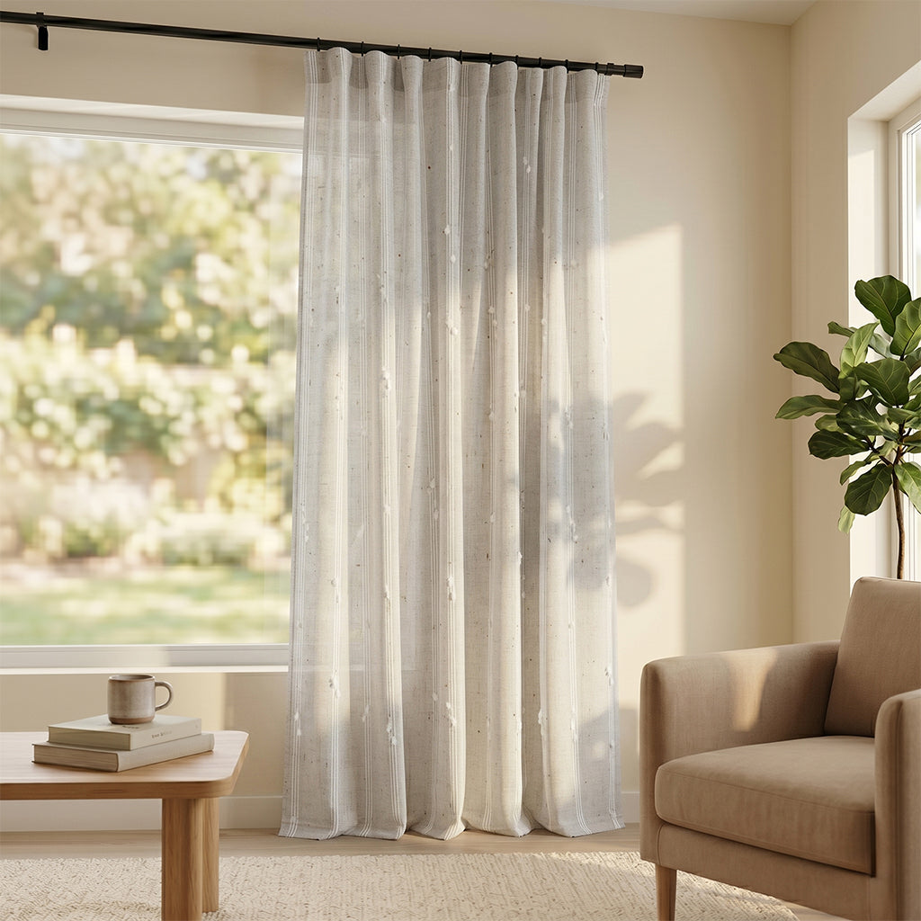 Light gray Mist polyester curtain fabric by BEACON, showing the soft, smooth drape and textured surface of the curtain material.
