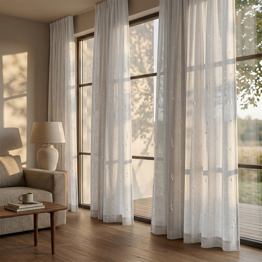 Light gray Mist polyester curtain fabric from BEACON, showing a soft, textured material suitable for curtains and drapes.