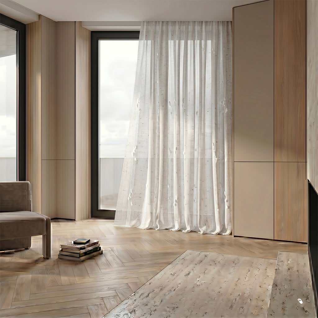 Beige mist polyester curtain fabric from BEACON, shown as smooth drapes ideal for curtains and home decor.