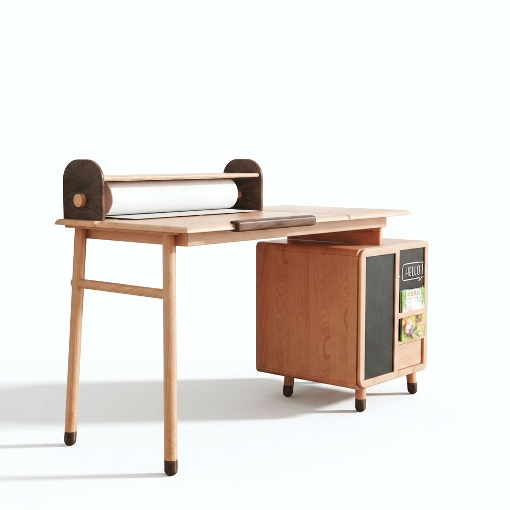 Kids wooden desks by BEACON, featuring Modu KIDS DESK E2006R, E2007R, and E2006N with sturdy tabletops and colorful design.