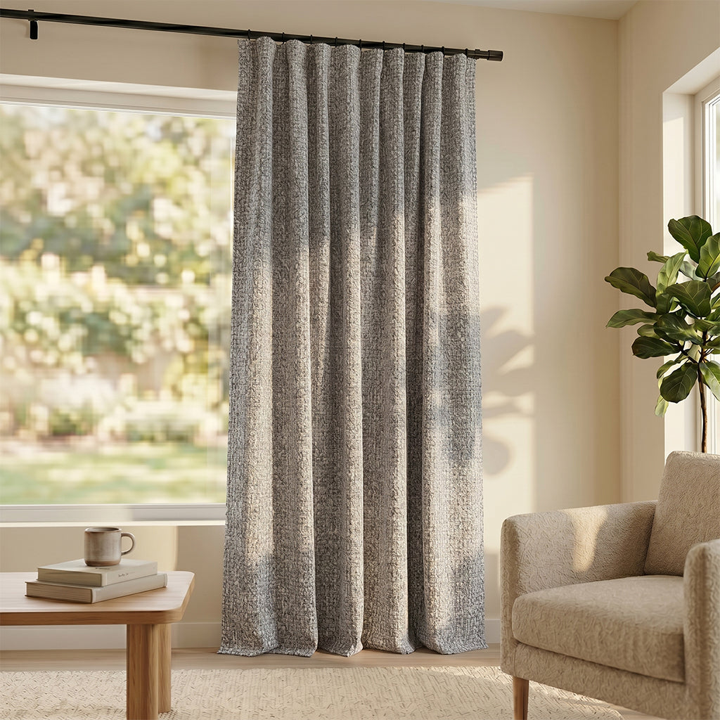 Beige mono polyester curtain fabric from BEACON, designed for curtains and drapes, with a smooth, durable texture.