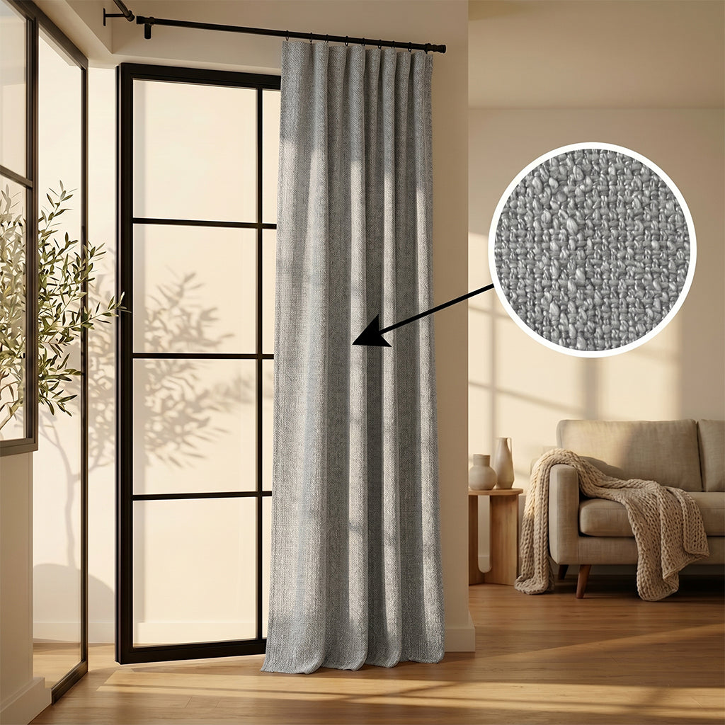 Beige mono polyester curtain fabric from BEACON, suitable for curtains and drapes, with a smooth, matte finish.