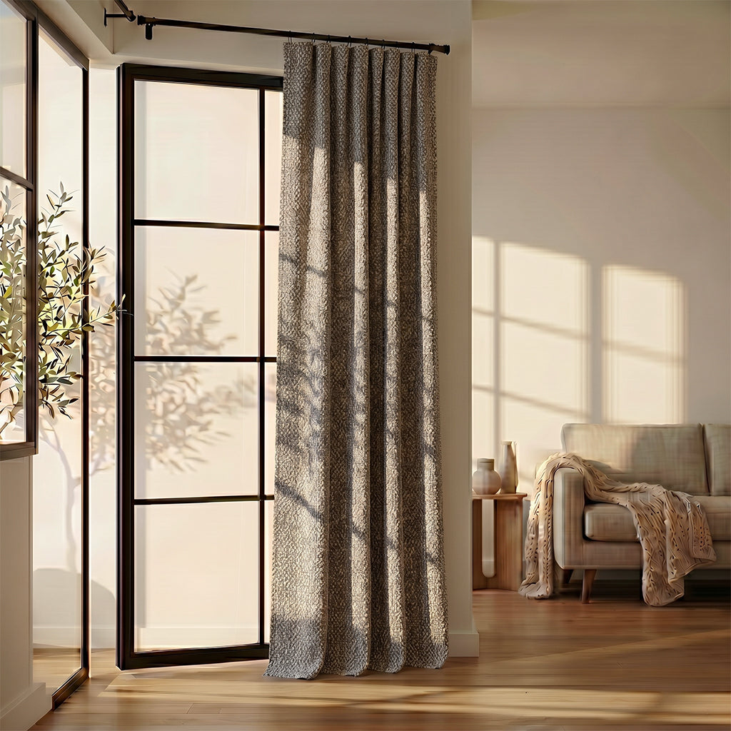 Beige mono polyester curtain fabric from BEACON, suitable for curtains and drapes, with a smooth woven texture.