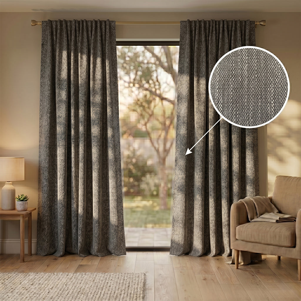 Beige mono polyester curtain fabric by BEACON, featuring a smooth texture suitable for curtains and drapes.