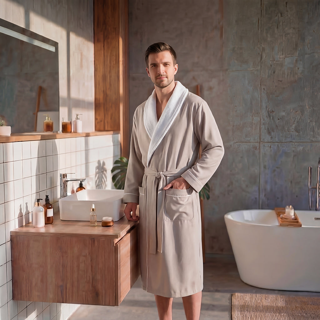 Soft gray men's Monolith bathrobe set by BEACON, featuring a plush, comfortable design and tie-waist belt.