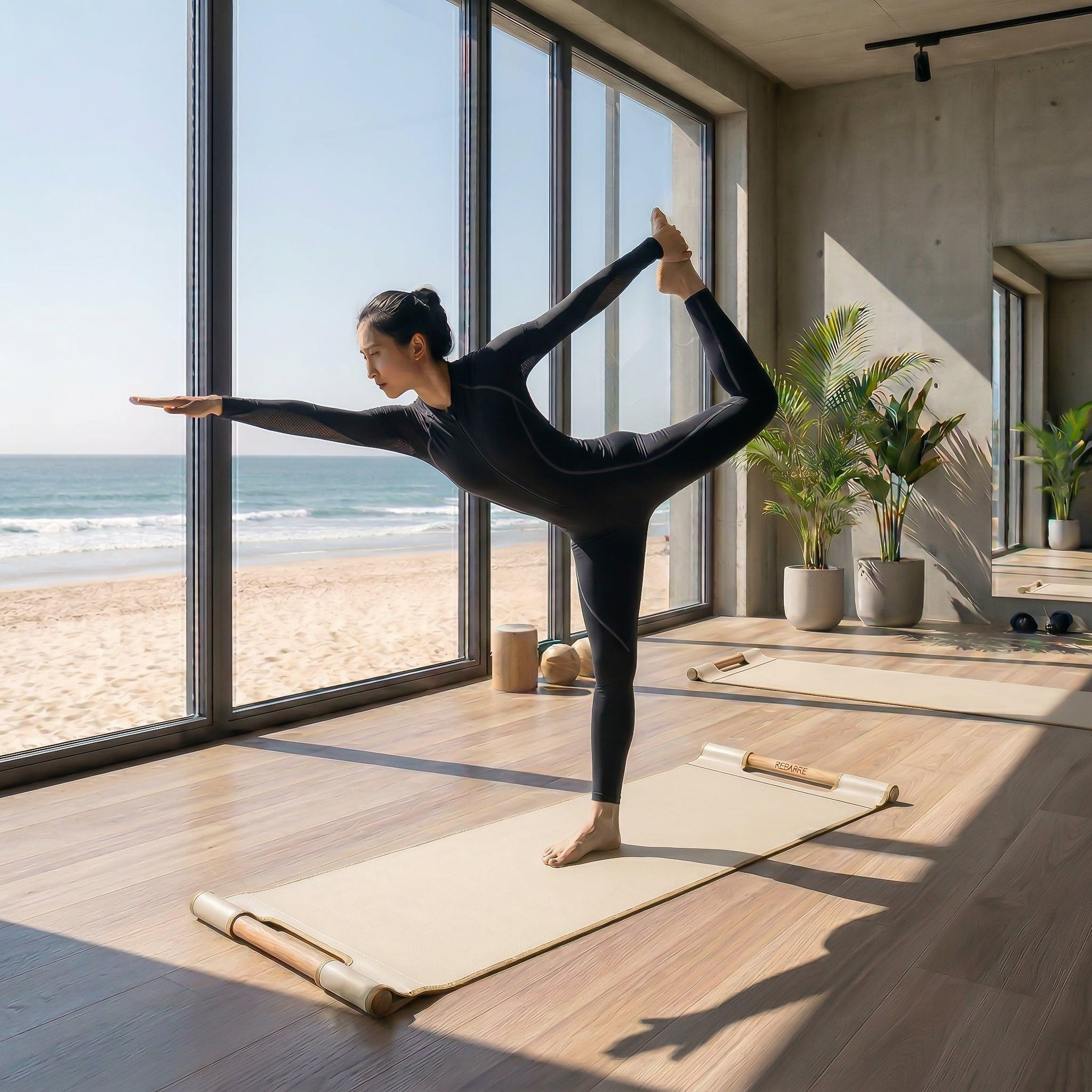 Nara leather yoga mat with beech wood handle, designed for yoga and gym exercises, by Beacon.