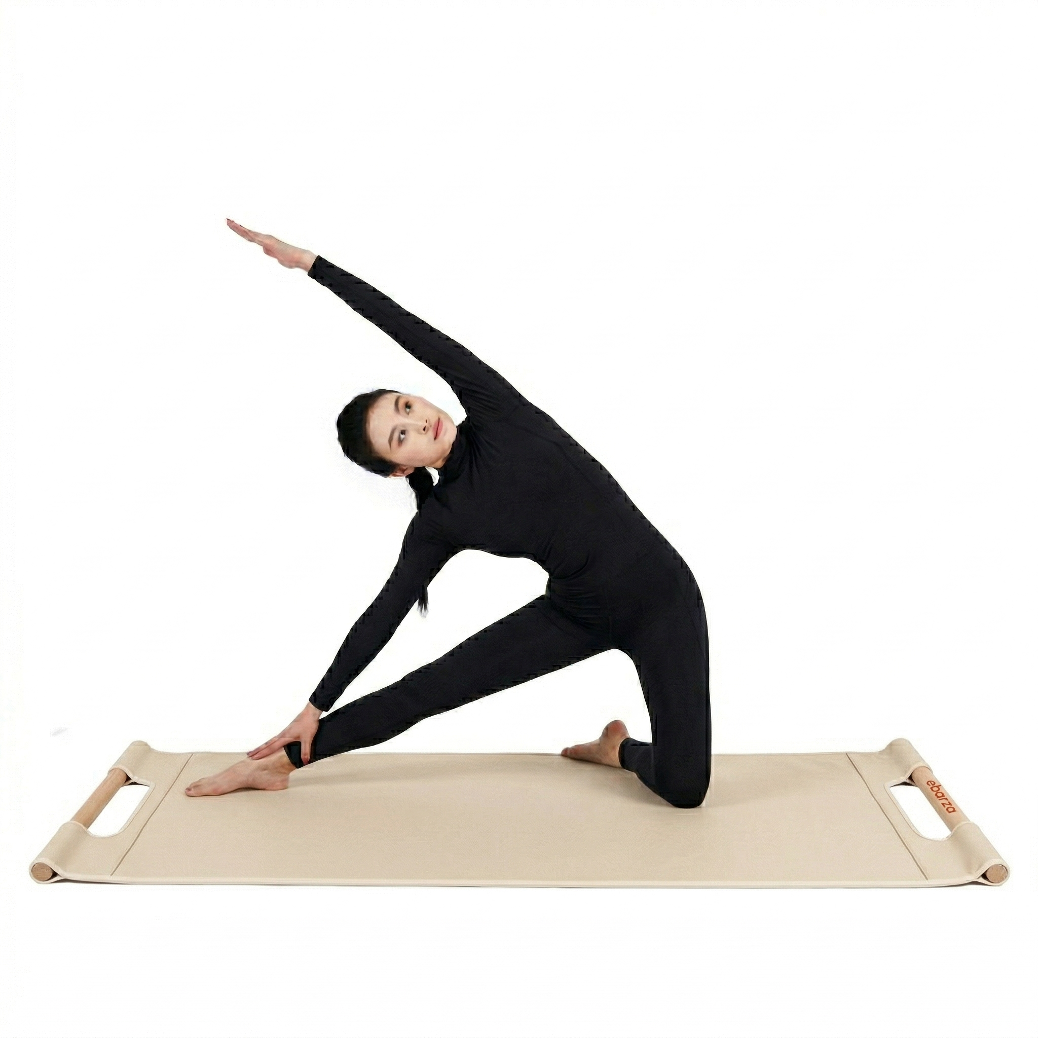 Nara leather yoga mat with beech wood handle, natural surface, used for yoga practice and gym workouts, by Beacon.