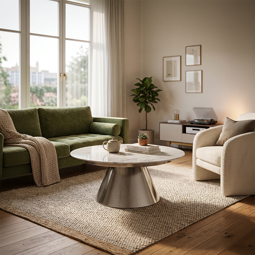 Natural marble top and stainless steel base coffee table by BEACON, modern design with sleek marble surface and metal base.