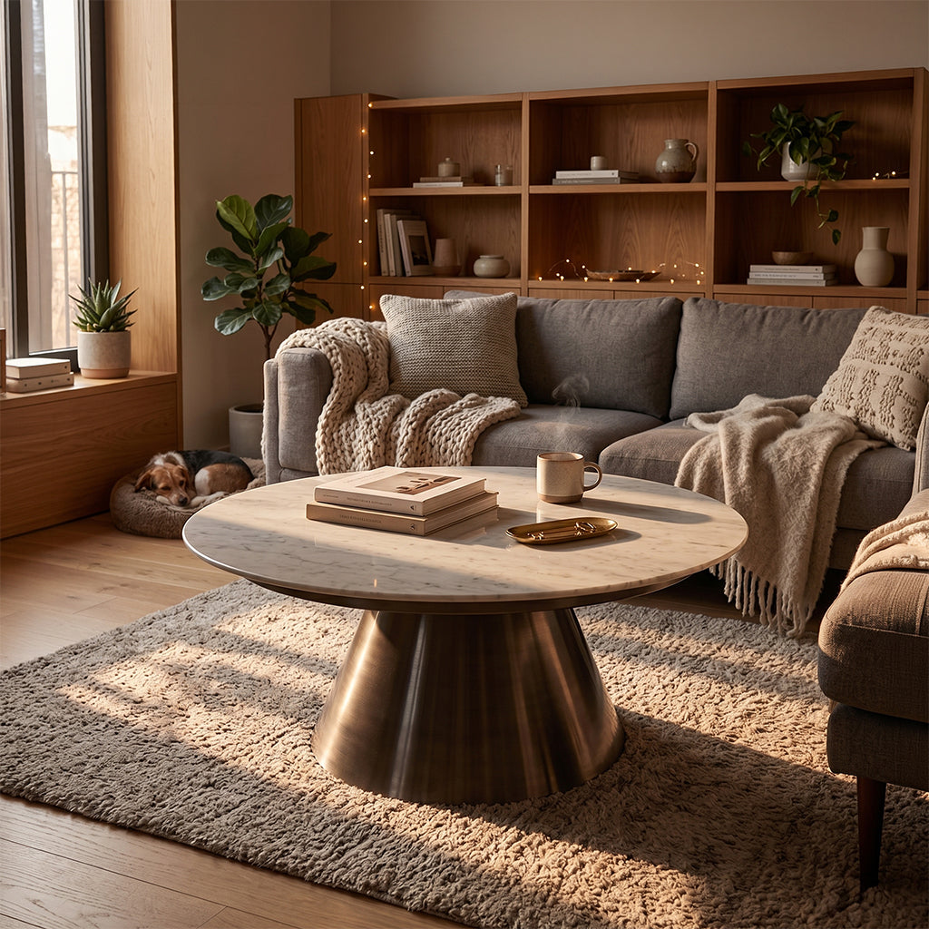 Natural marble top and stainless steel base coffee table from BEACON, modern design with sleek marble and metal finish.