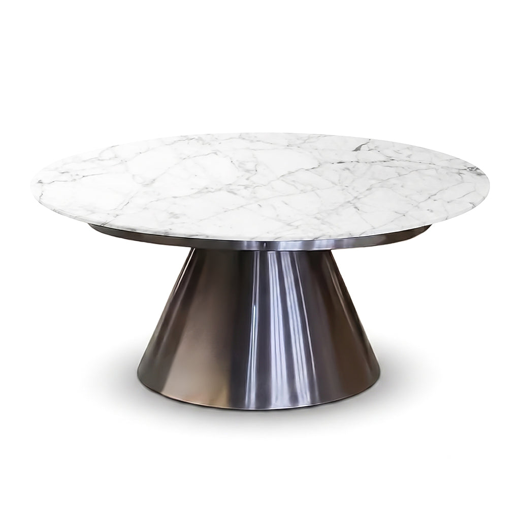 Natural marble top and stainless steel base coffee table by BEACON, modern design with sleek marble surface and metal frame.