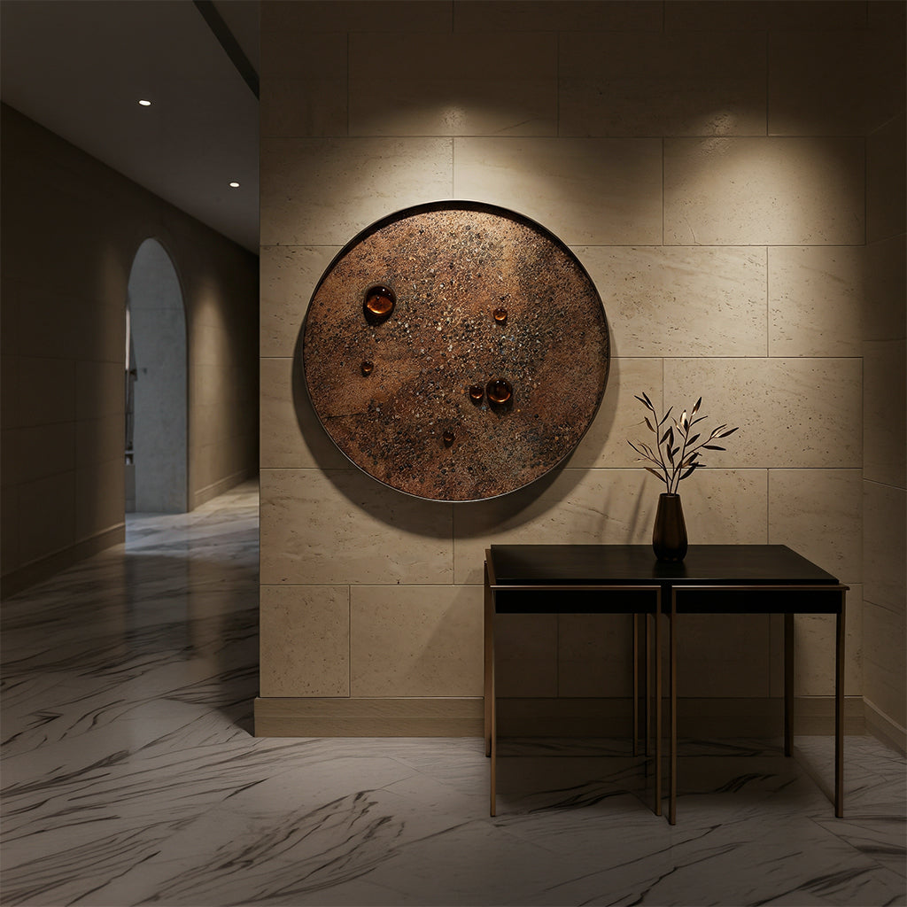 Handmade Nebula wall art with integrated lighting, 100 cm diameter, by BEACON, featuring vibrant cosmic colors and illuminated design.