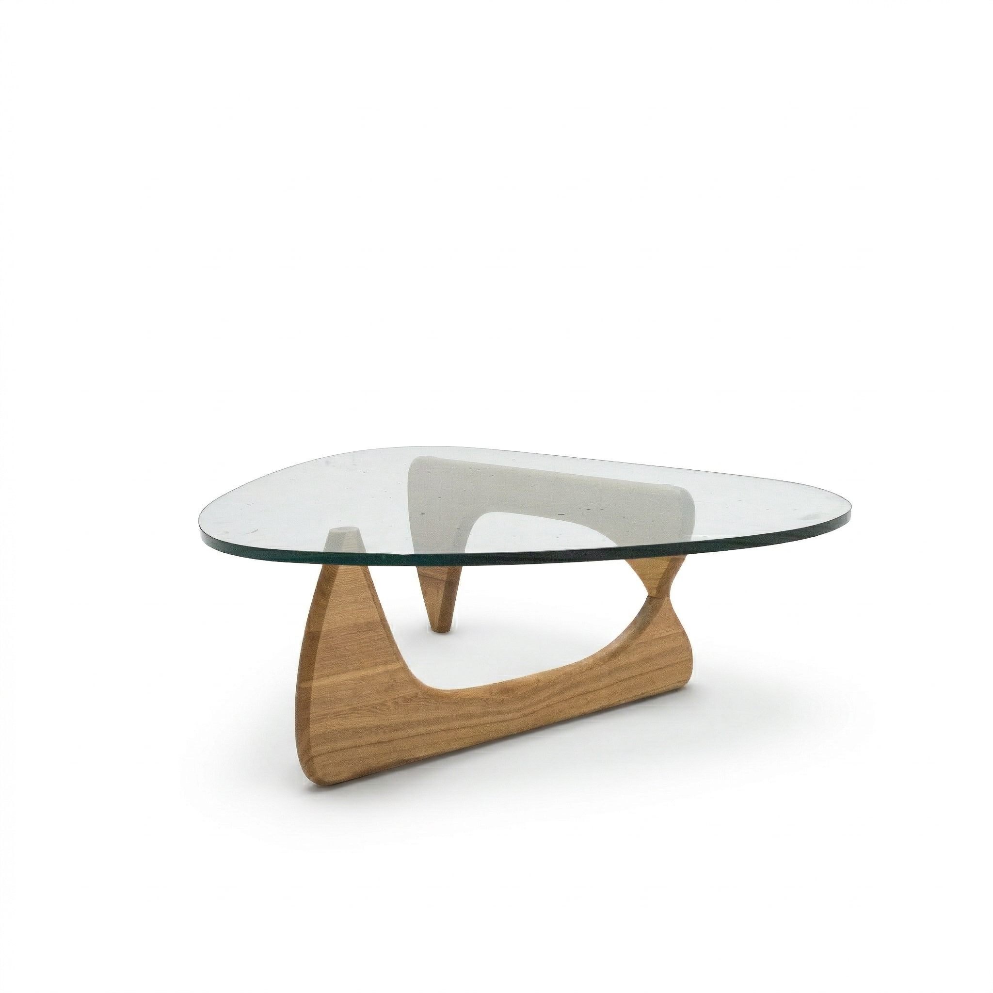Beacon Noguchi solid wood coffee table with glass top in light walnut finish, showcasing a modern, sculptural design.