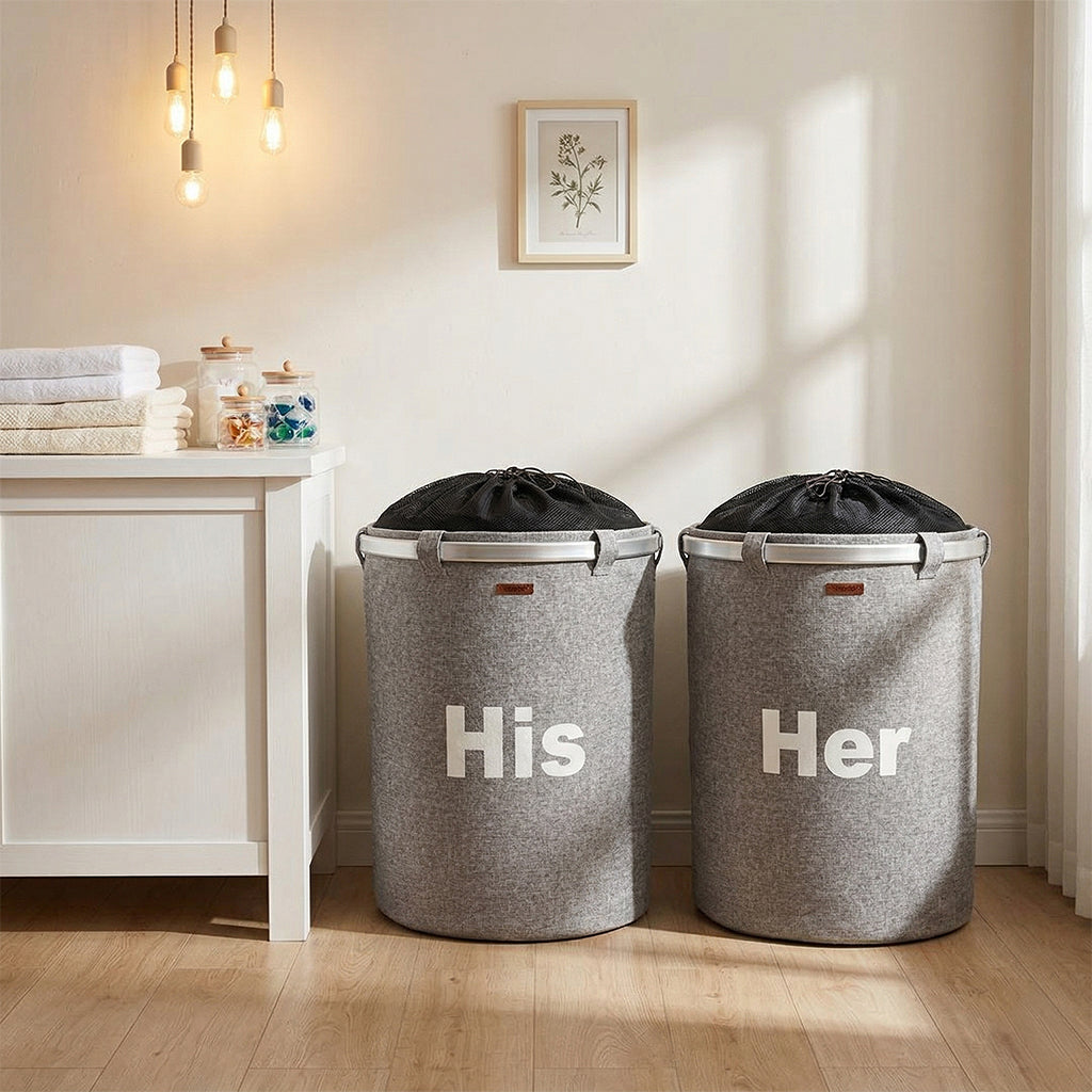 Beacon Terra laundry storage basket in round design, made of durable fabric with handles, ideal for organizing laundry or storage.
