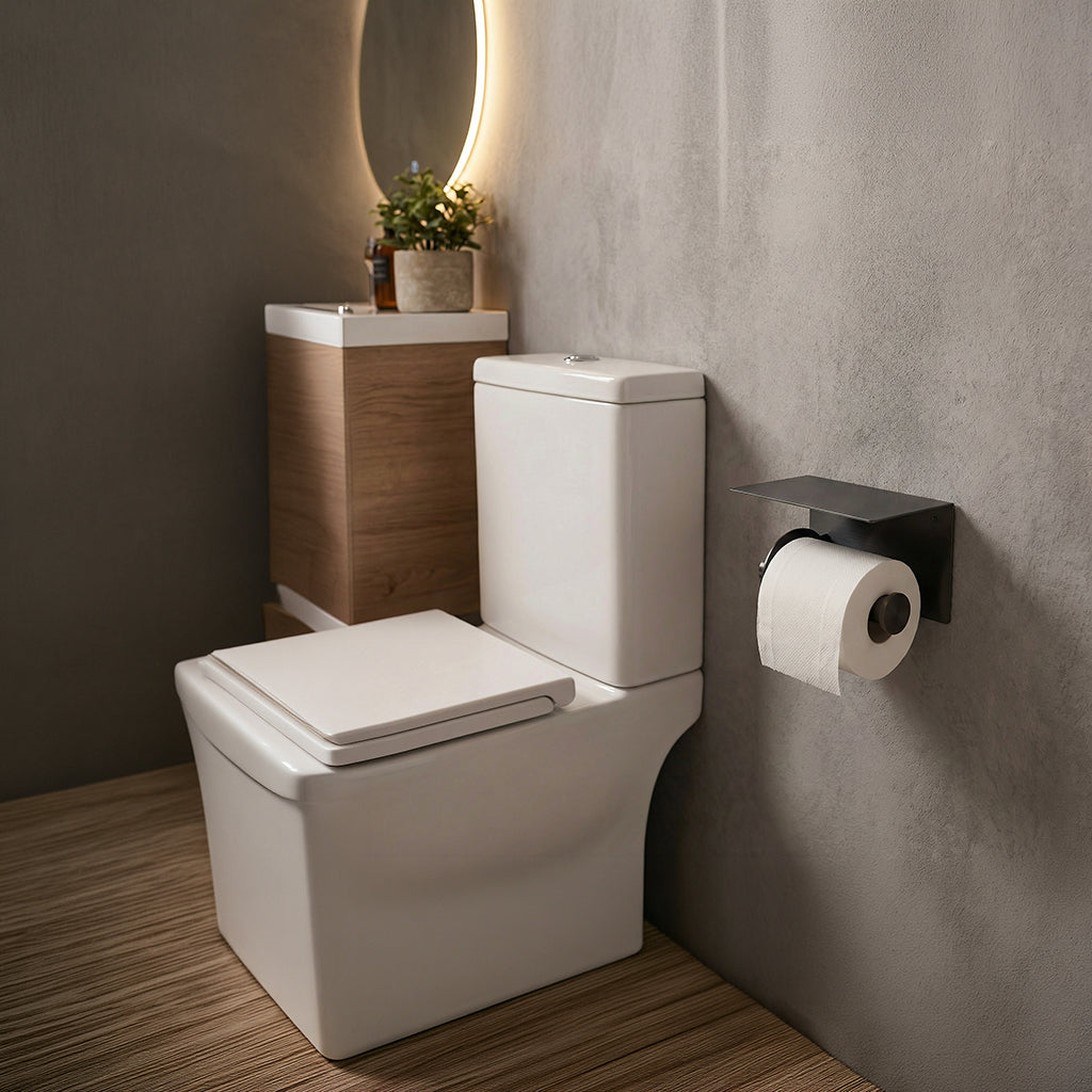 BEACON Mono toilet paper holder with back and top panel, designed for bathroom towel hooks and accessories.