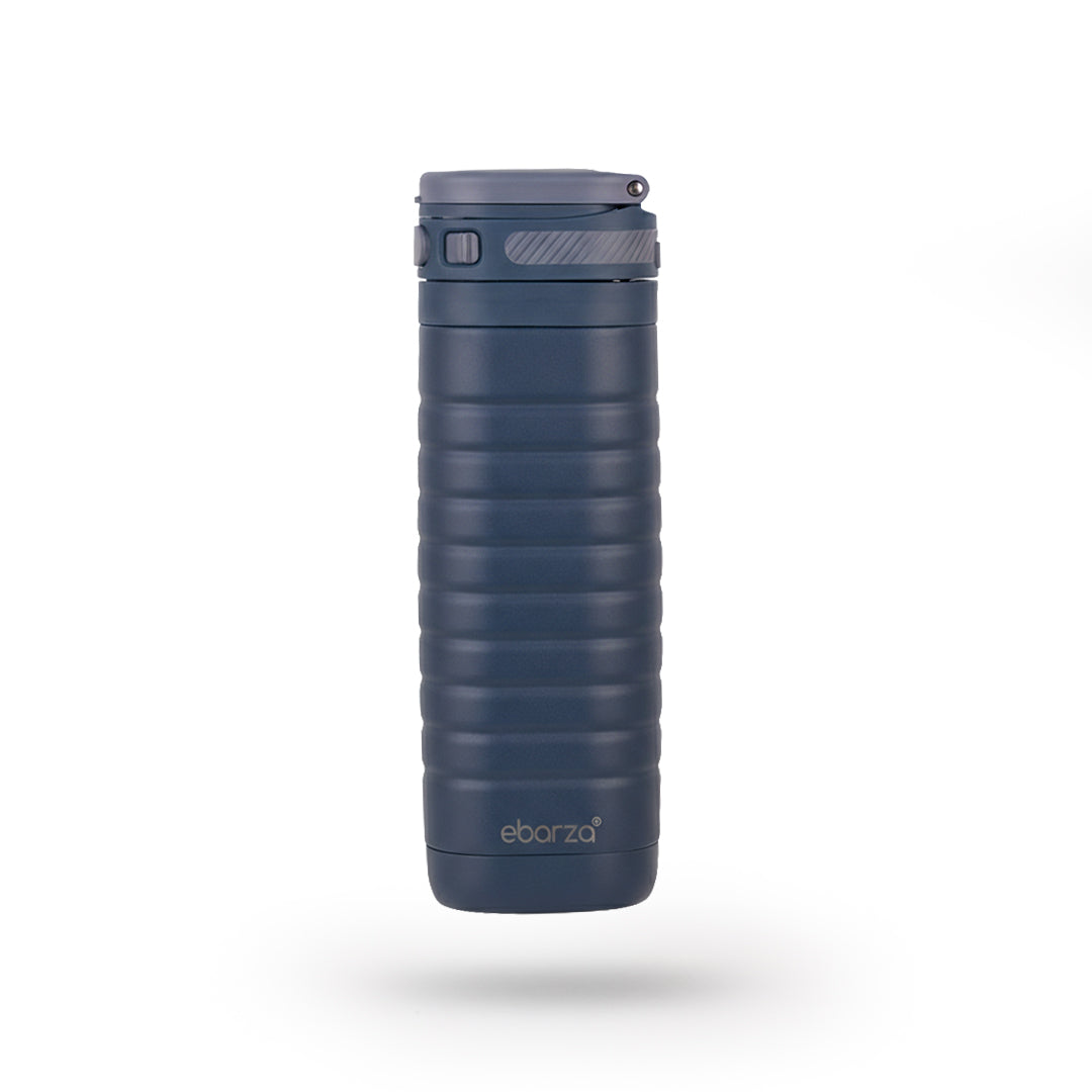 Navy blue Alhayat 380 ML drinkware bottle by BEACON, with a sleek cylindrical design and secure lid for hydration.