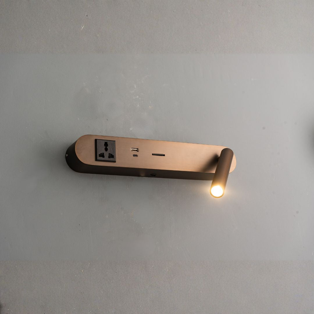BEACON wall reading lamp mounted on hotel-style headboard, featuring sleek design and adjustable lighting for cozy reading ambiance.