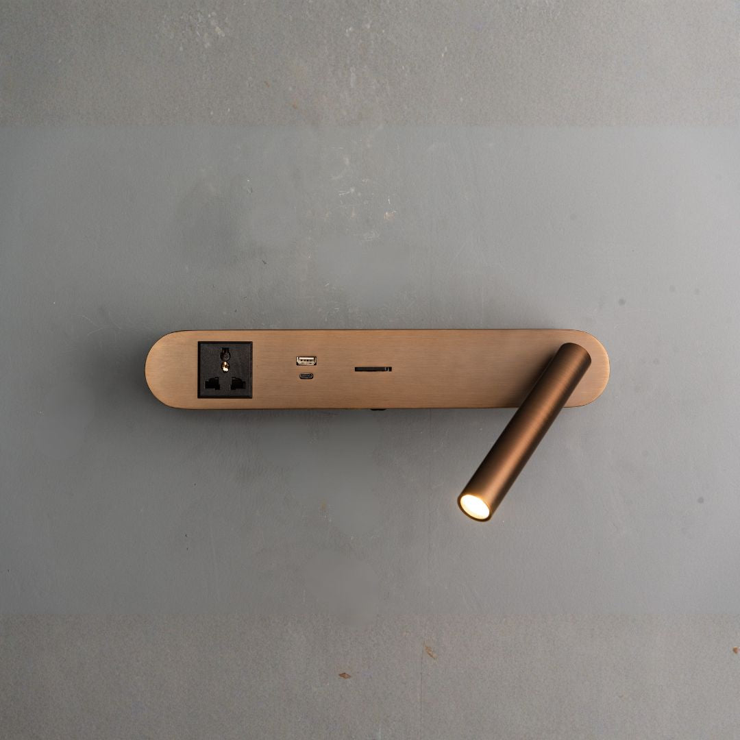 BEACON hotel-style wall reading lamp with adjustable arm and soft light, mounted on a headboard for convenient bedside illumination.
