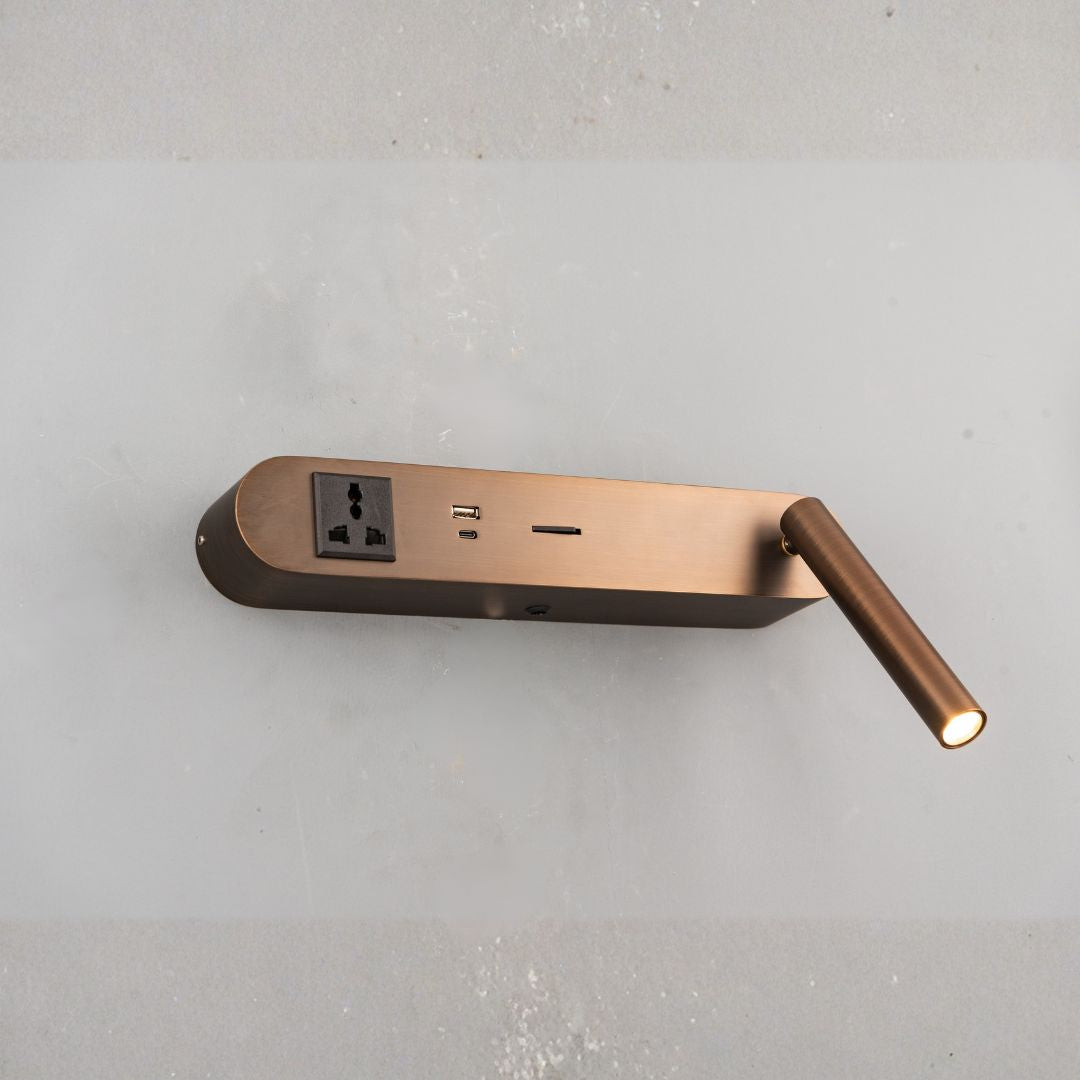 BEACON hotel style wall reading lamp attached to headboard, featuring a sleek design and adjustable reading light.