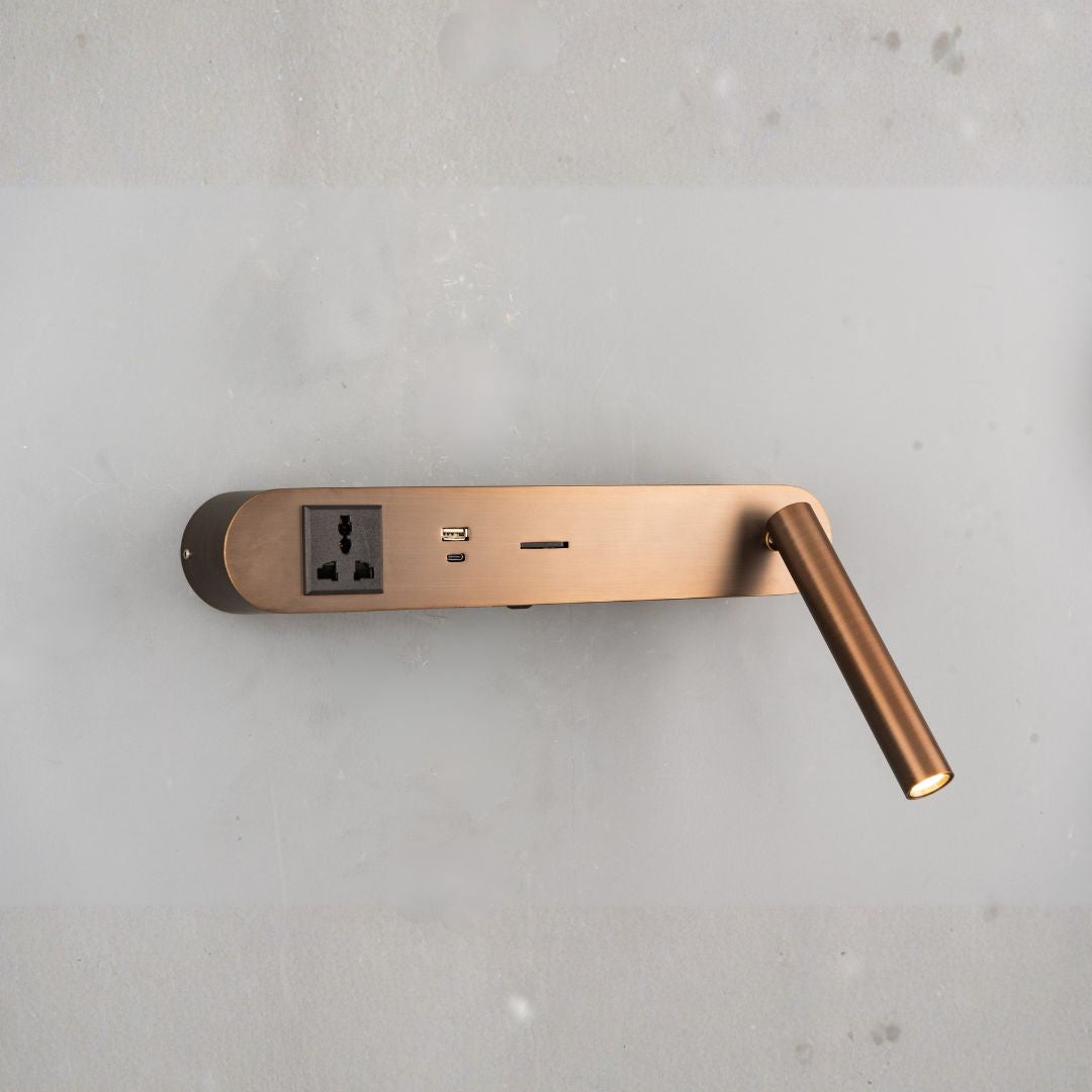 Wall-mounted BEACON hotel-style headboard reading lamp with adjustable arm and soft light for bedside or wall reading.