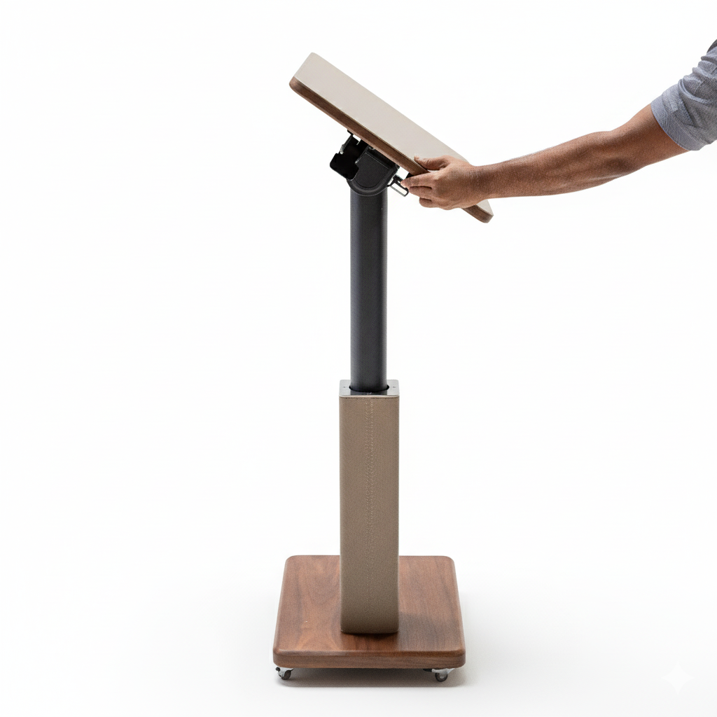 BEACON Rise Lifting Platform Side Table BNY-637 with adjustable height and modern design, shown from a side angle.