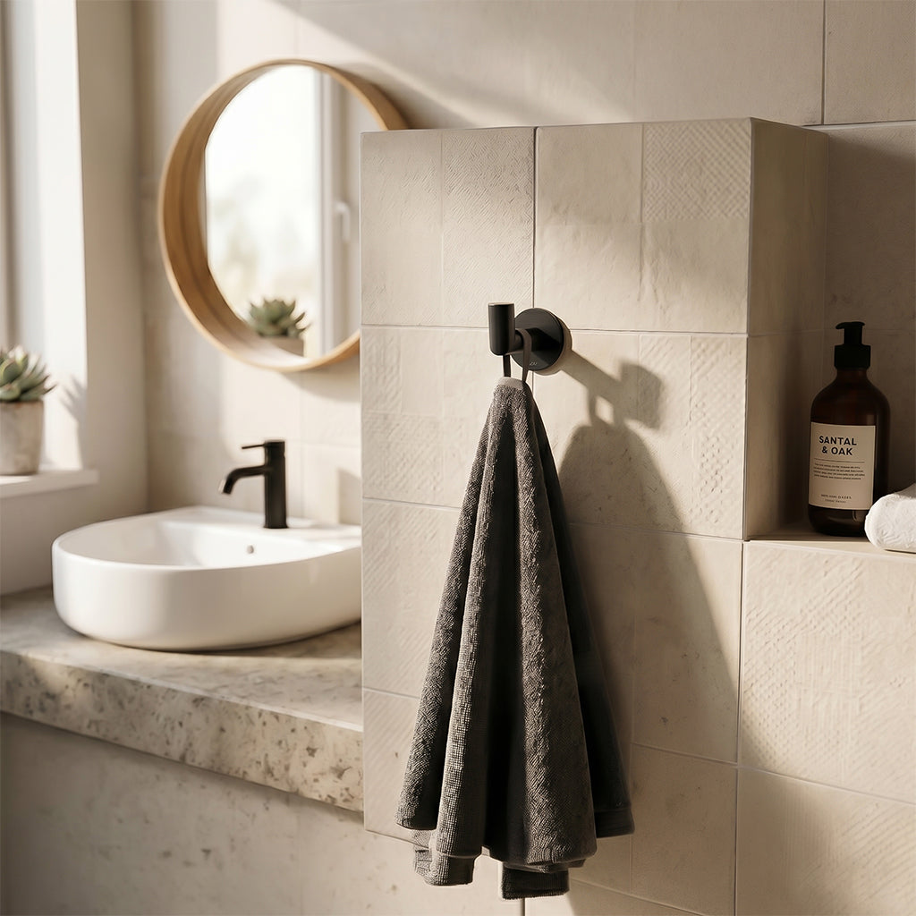 BEACON Moda Robe Hook Towel Hangers Hooks, black metal finish, wall-mounted for bathroom or bedroom use.