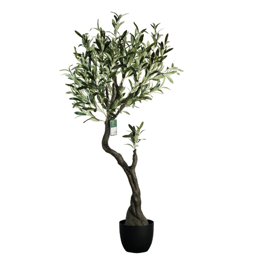 Artificial olive tree by BEACON, 140cm tall, realistic green leaves on a sturdy trunk, perfect for indoor or outdoor decor.