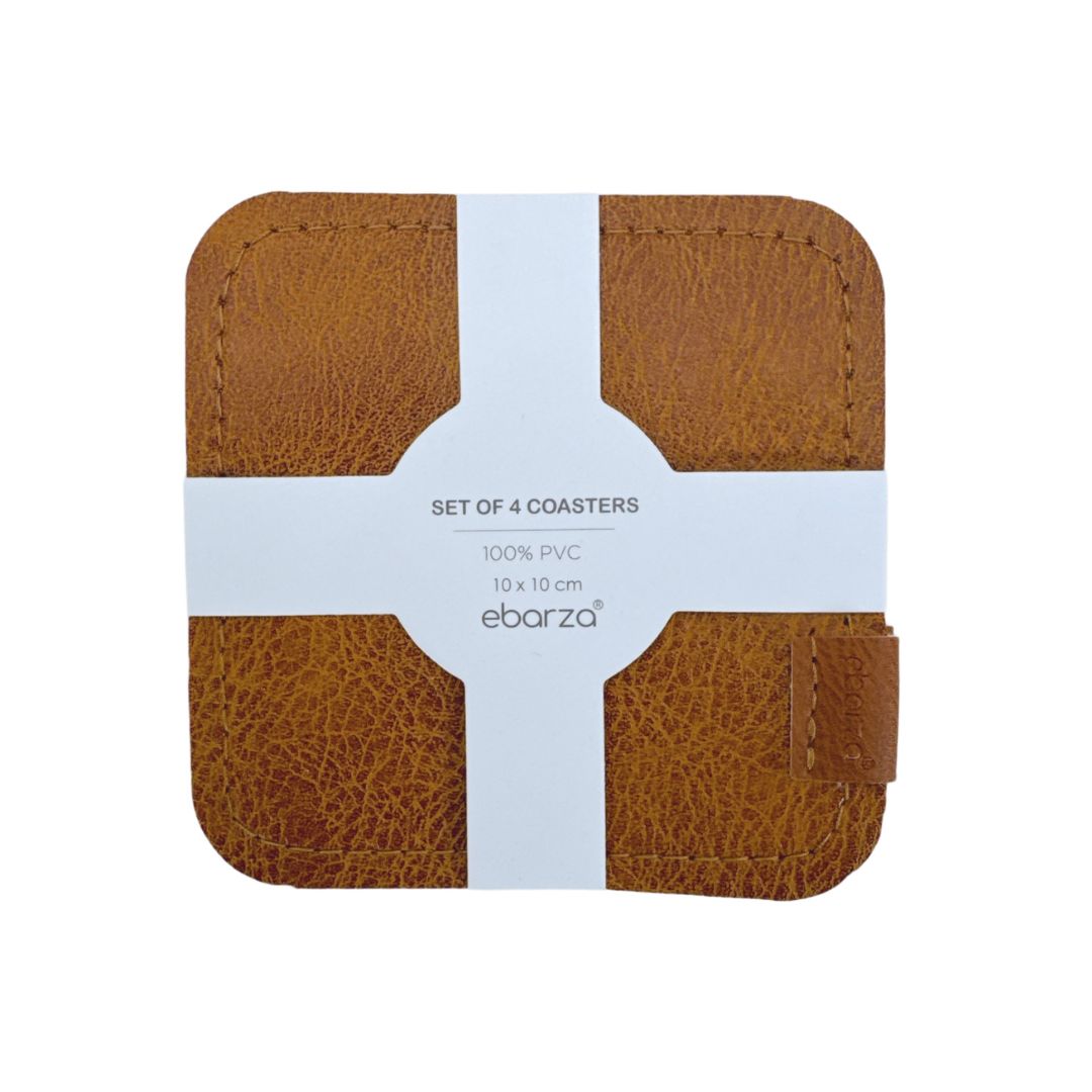 Set of four brown coasters with a sleek, smooth surface by BEACON, ideal for protecting tabletops from drinks.