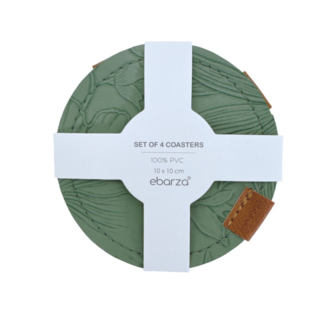 Set of four green coasters with a stylish design by BEACON, perfect for protecting surfaces and adding a touch of color.