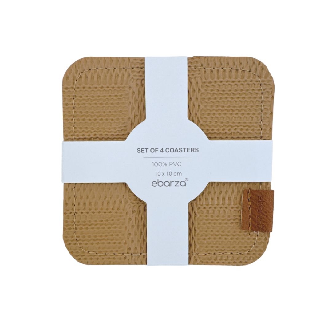 Set of four taupe and grey BEACON coaster set, round drink coasters with a smooth finish.