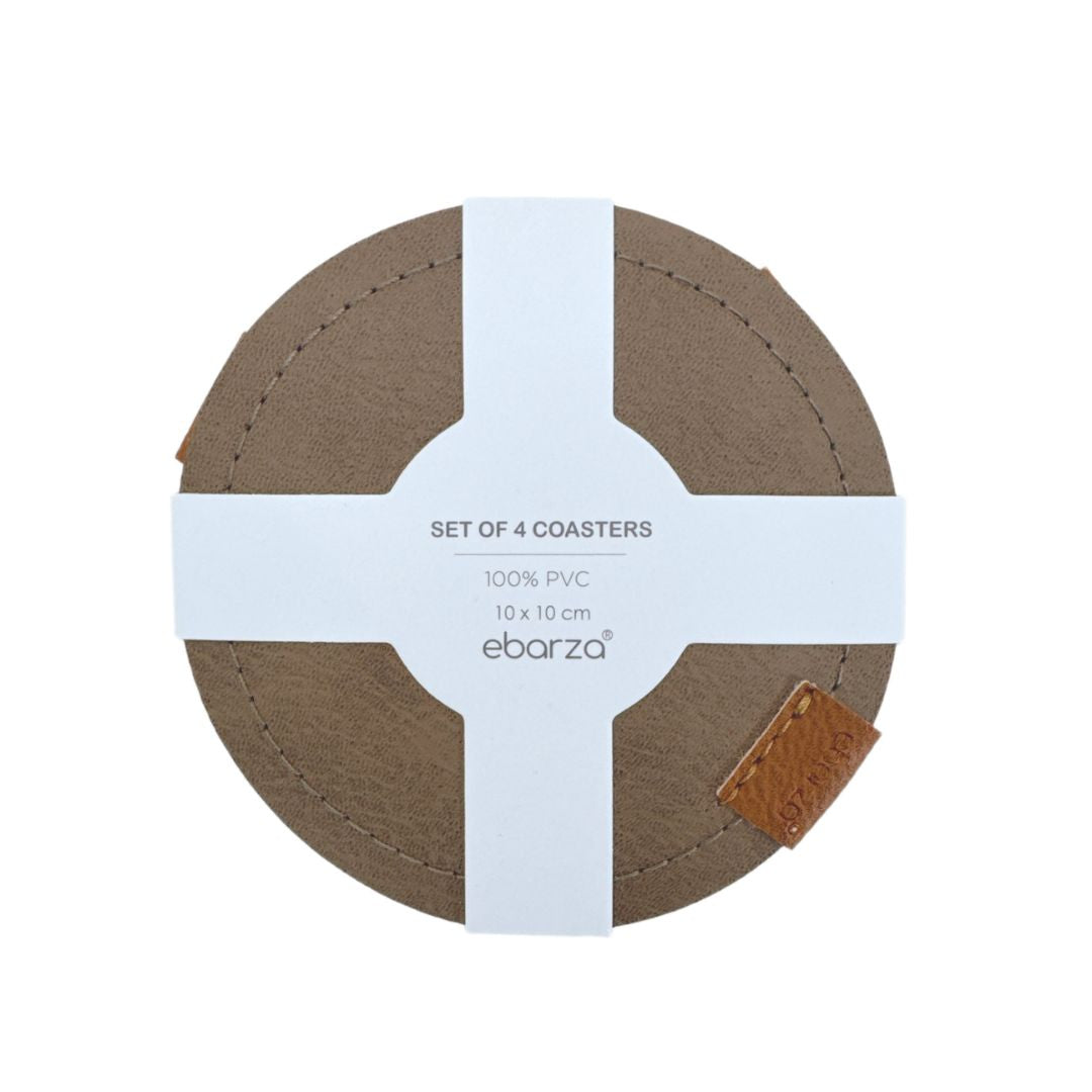 Set of four taupe grey BEACON coasters with a smooth, round design, perfect for protecting surfaces from drink spills.