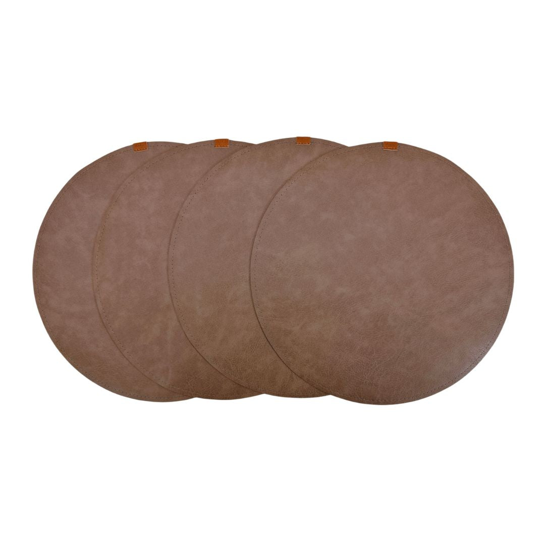 Set of four taupe grey BEACON placemats with basket packaging, featuring a textured fabric design for dining table decor.