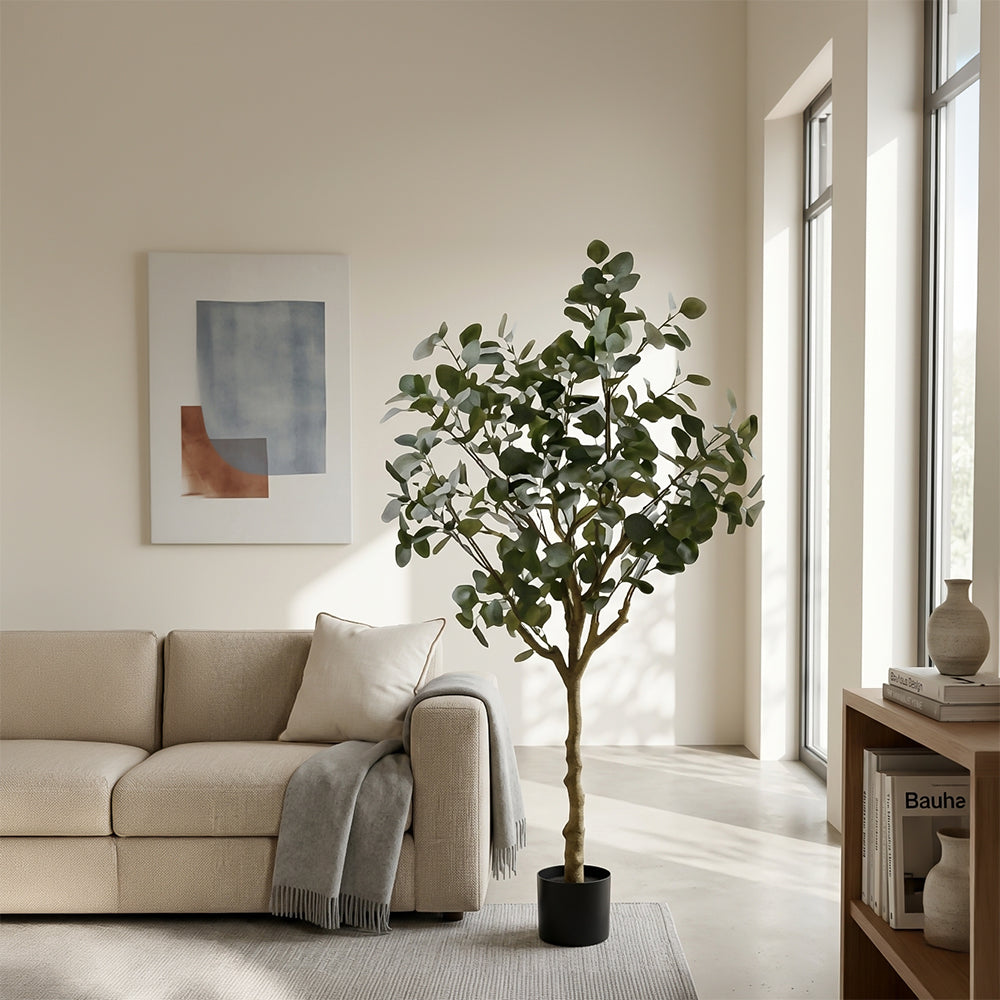 Artificial eucalyptus tree, 140cm tall, realistic simulated plant by BEACON, ideal for home or office decor.