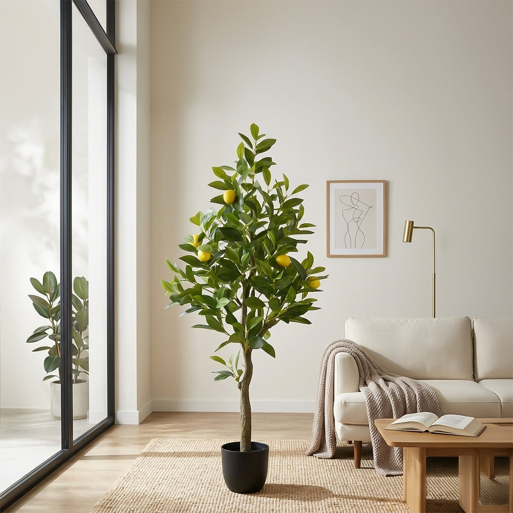 Artificial lemon tree by BEACON, 120cm tall, featuring realistic yellow lemons and green foliage for decorative indoor or outdoor use.