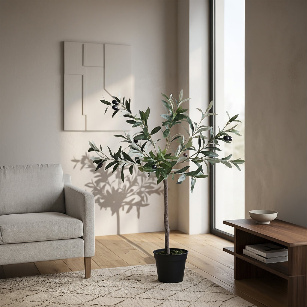 Artificial simulated olive tree by BEACON, featuring realistic green leaves and a sturdy trunk, ideal for home or office decor.