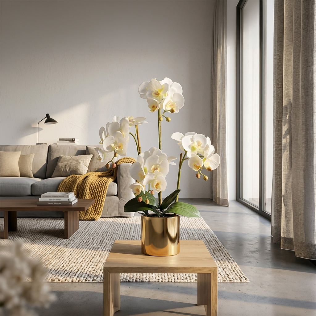 Artificial white orchid plant, 60cm tall, realistic simulated flower for home or office decor, by BEACON.
