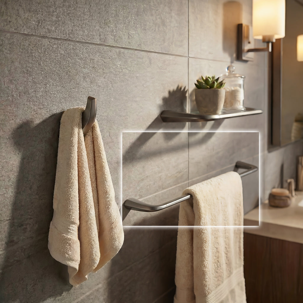 Kinesis single towel bar in gunmetal finish, sleek modern design, mounted on bathroom wall with towels hanging.